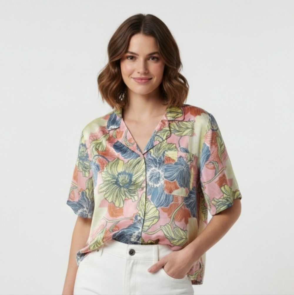 Rachel Zoe Blouse Tropical Floral Hawaiian Satin Pink Yellow L